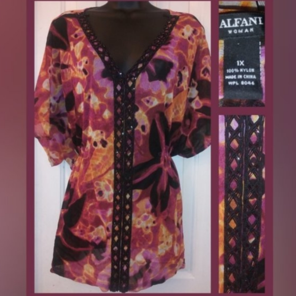 ALFANI Women's Dolman sleeve tropical color top